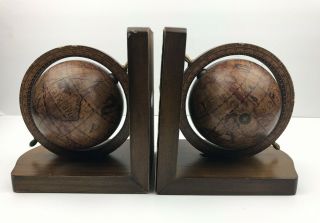 Vintage Wood Globe Book Ends Made In Italy Old World Rotating Bookends Wooden