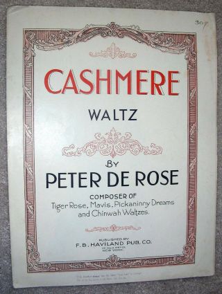1921 Cashmere Waltz Vintage Sheet Music By Peter De Rose Piano Solo