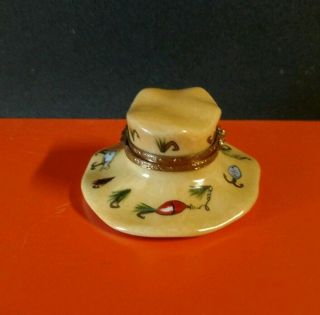Limoges France Peint Main M L Trinket Box Fishing Hat 4