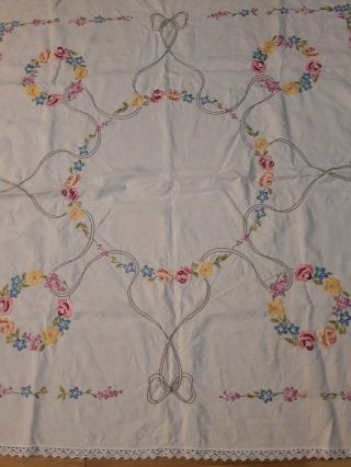 Vintage Large Embroided Table Cloth Lace Edged,  From 1950s.