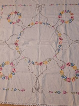 Vintage large embroided table cloth lace edged,  from 1950s. 2
