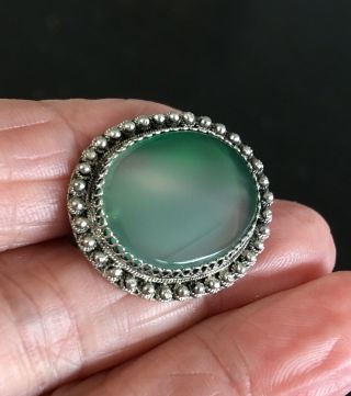 Antique Vintage Chinese Silver & Green Jade Brooch Pin