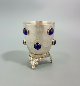 Vintage Silver Plate Goblet Cup Candle Holder Blue Glass Gem Inserts Tri - Foot