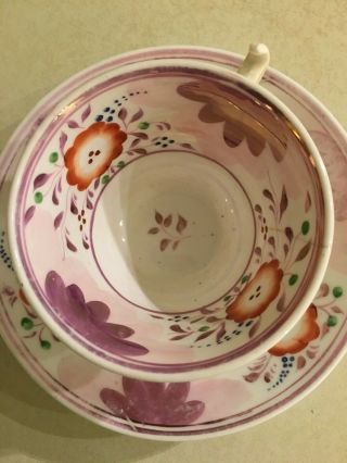 Antique Handpainted Floral Pink Lustre,  Lusterware,  Cup & Saucer 1800