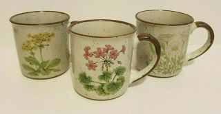 Vintage Japanese Brown Speckled Stoneware Mugs Cups With Wildflower Theme 1970 