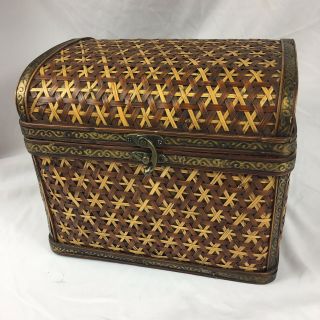 Vintage Antique Brown Wicker/cane Wood Treasure Chest Box Decor/with Latch