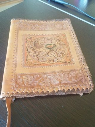 Antique Leather Book Cover Embossed Hand Tooled Staine Dleather 8 3/4” X 6 1/2 "