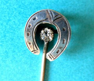 Antique Sterling Silver Hand Engraved Horseshoe Stick Pin,  Stone Set.