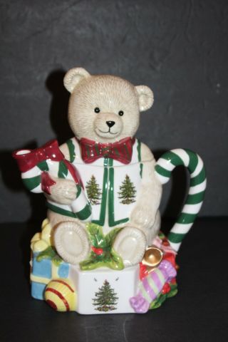 Spode Christmas Tree Teddy Bear Teapot Ceramic Bear Presents Green Red Holiday