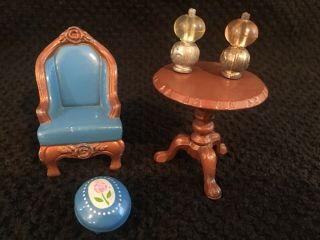 Vtg “the Littles” Dollhouse Furniture;chair,  Ottoman,  Table & Lamps 1980 Mattel