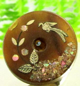 Lovely Victorian Honey Horn Button W/ Inlaid Pearl & Silver Bird & Flowers C11