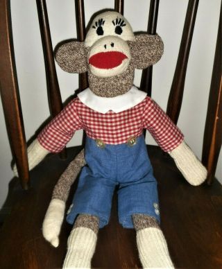Adorable Handmade Vintage Toy Doll Red Heel Sock Monkey Boy In Clothing Clothed