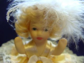 PORCELAIN BISQUE SEATED DOLL - VINTAGE - LACE - FEATHERS - RHINESTONE - UNMARKED - 3 