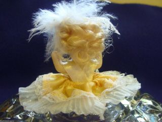 PORCELAIN BISQUE SEATED DOLL - VINTAGE - LACE - FEATHERS - RHINESTONE - UNMARKED - 3 
