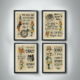 Alice In Wonderland Prints Poster,  4 Piece Canvas Wall Art Panel,  Alice Quotes Art