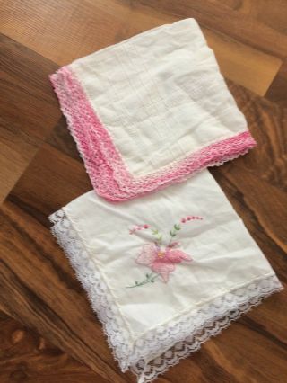 Vintage White Hankies Pink Crocheted Lace Edge Trim & Pink Embroidered Handmade