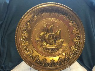 Nautical Brass 12 " Plate Repousse Wall Hanging Galleon Tall Ship England
