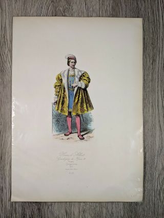 Vintage C.  1800s French Pauquet Freres Hand - Colored Historical Fashion Etching