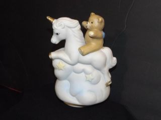 Vintage Artmark Teddy Bear Riding Unicorn In Clouds W Stars Music Box Figurine