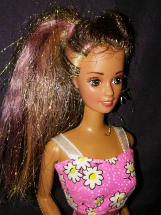 Vintage 1990 Glitter Hair Barbie Doll Long Brown Hair With Pink Stripe Mattel
