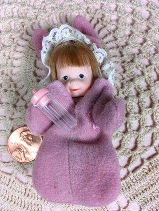 Vintage Bandai 1987 Tiny Blessings Jointed Doll In Pink Bunny Bunting & Bottle