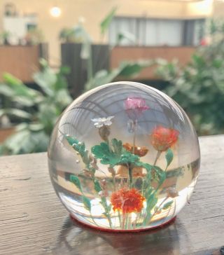 Vintage Lucite Paperweight With Dried Wild Flowers - Small 1.  75 " Tall
