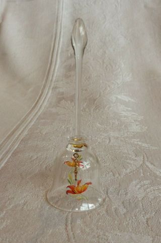 Small Blown Glass Bell Red And Yellow Hand Painted Flowers Tear Drop Handle
