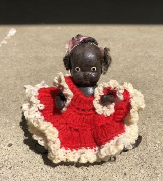 Vintage Occupied Japan Black Bisque Porcelain Baby Doll W Hair - Americana 4”