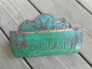 Antique Tin Hanging Primitive Comb Case,  Great Old Green Paint Vanity Accent