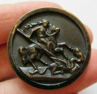 Fabulous Large Antique Victorian Metal Picture Button Knight Slaying Dragon (l)