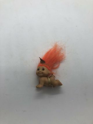 Vtg Russ Crawling Baby Native American Indian W Orange Hair Troll Doll 2”