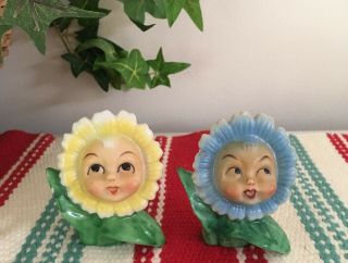 Vintage Made In Japan Anthropomorphic Flower Face Salt And Pepper Shakers Mij