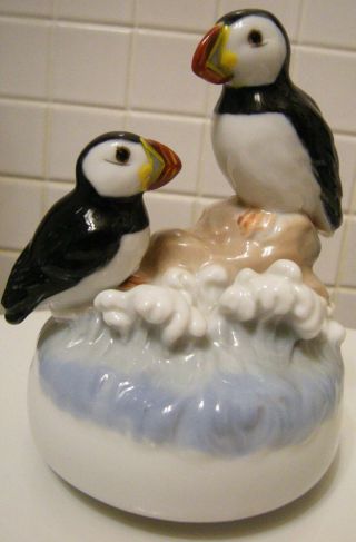 Vintage Otagiri Japan Porcelain Puffins Puffin Music Box Endangered Species