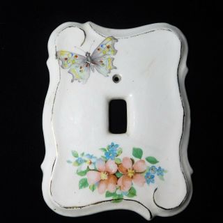 Vintage Porcelain Ceramic Switch Cover Plate White Floral Pink Butterfly