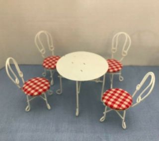Vintage Miniature Dollhouse Furniture Dining Room Table And Chairs Metal 1950s