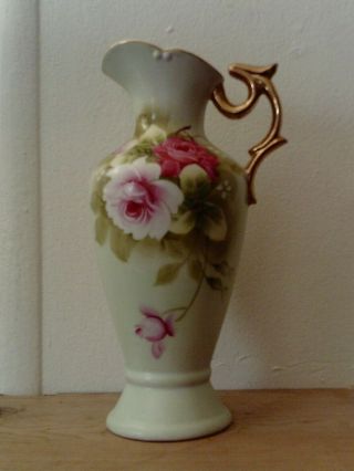 Lefton Heritage Pitcher 4072 Green With Pink Roses Gold Gild Handle