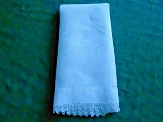 Antique White Damask Towel With Hand Tatted Lace Trim,  Circa 1920