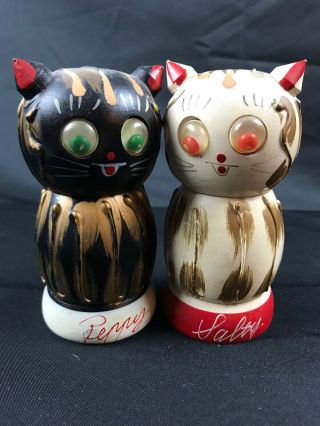 Vintage Salty And Peppy Napco Wooden Cat Salt & Pepper Shakers Growlers Japan