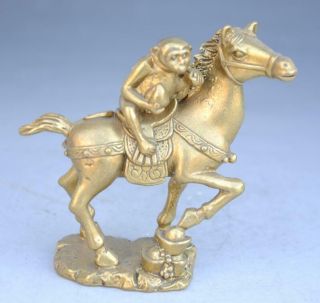 Old Chinese Hand - Carved Copper Lucky Monkey Rode Horse Statue D01