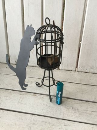 Vintage Small Metal Birdcage With Dangling Cats And Brass Mouse 8 1/2” Tall