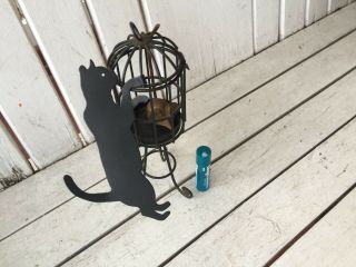Vintage Small Metal Birdcage With Dangling Cats And Brass Mouse 8 1/2” Tall 3