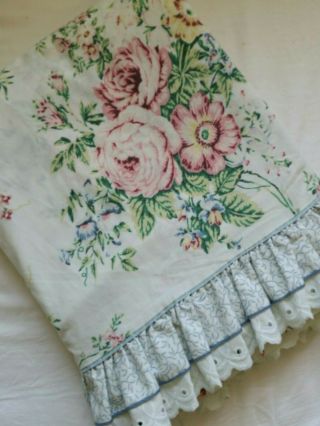 Vintage Jc Penney Queen Size Flat Sheet Eyelet Ruffled Pink Rose Floral White