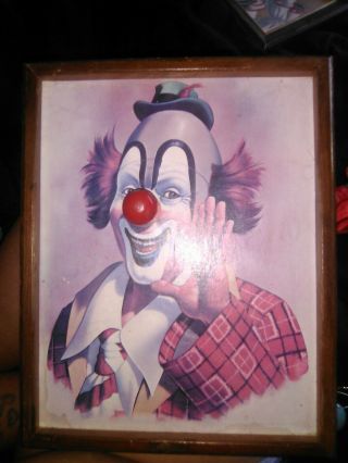 Vintage Wooden Clown Picture W/musical Wind Up Wood Nose Plays Signed Video