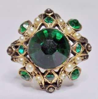 Antique/vintage Victorian Revival Emerald Green Glass Faux Seed Pearl Brooch Pin
