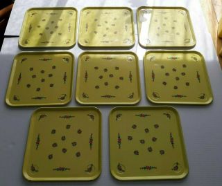 Set Of 8 Vintage Floral Roses Yellow Tin Square Trays