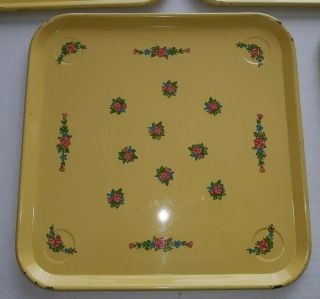 Set of 8 Vintage Floral Roses Yellow Tin Square Trays 2