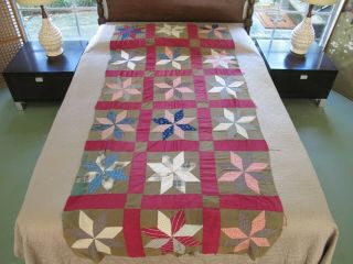 Vintage Very Old,  Antique Cotton Star Quilt Top For Its 18 Blocks