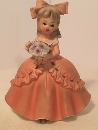 Vintage Napco Planter,  Girl In Pink Dress With Big Bow And Bouquet Of Flowers