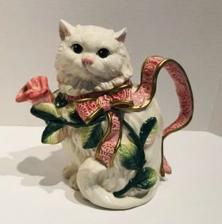 Collectible Fitz And Floyd Cat / Kitten And Roses Tea Pot With Pink Bow/rose