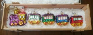 Polonaise Komozja Kurt Adler Train Hand Blown Glass Ornaments Wood Boxed Set